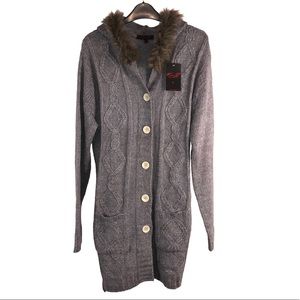NWT Gray Faux Fur Hooded Long Cardigan